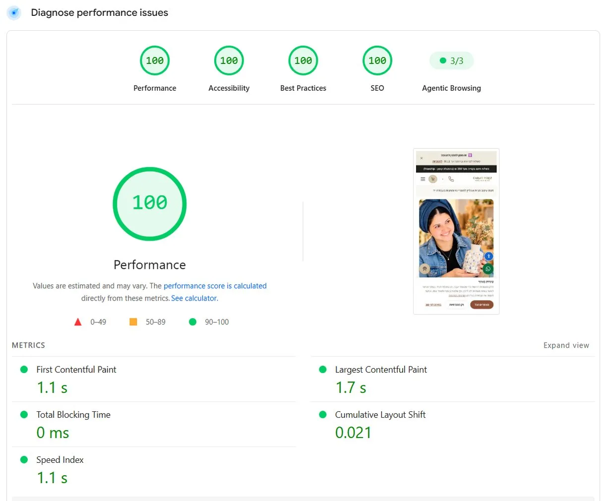בדיקת PageSpeed במובייל לדף הבית של כרמית פרז אחרי הפיצול: 100 בביצועים, בנגישות, בשיטות עבודה וב-SEO, ו-Agentic Browsing 3 מתוך 3