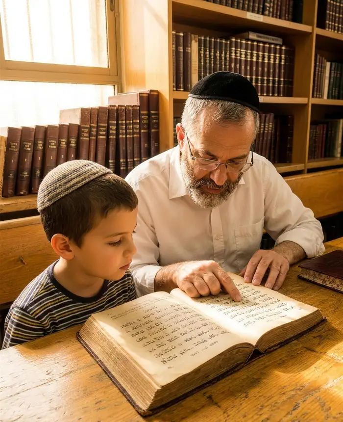 רב וילד חובשי כיפות לומדים יחד מתוך ספר בבית המדרש
