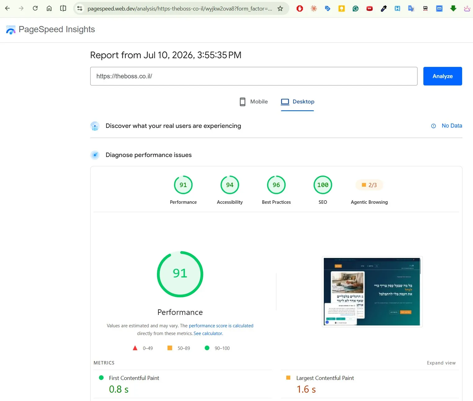 בדיקת PageSpeed במחשב על וורדפרס - ביצועים 91