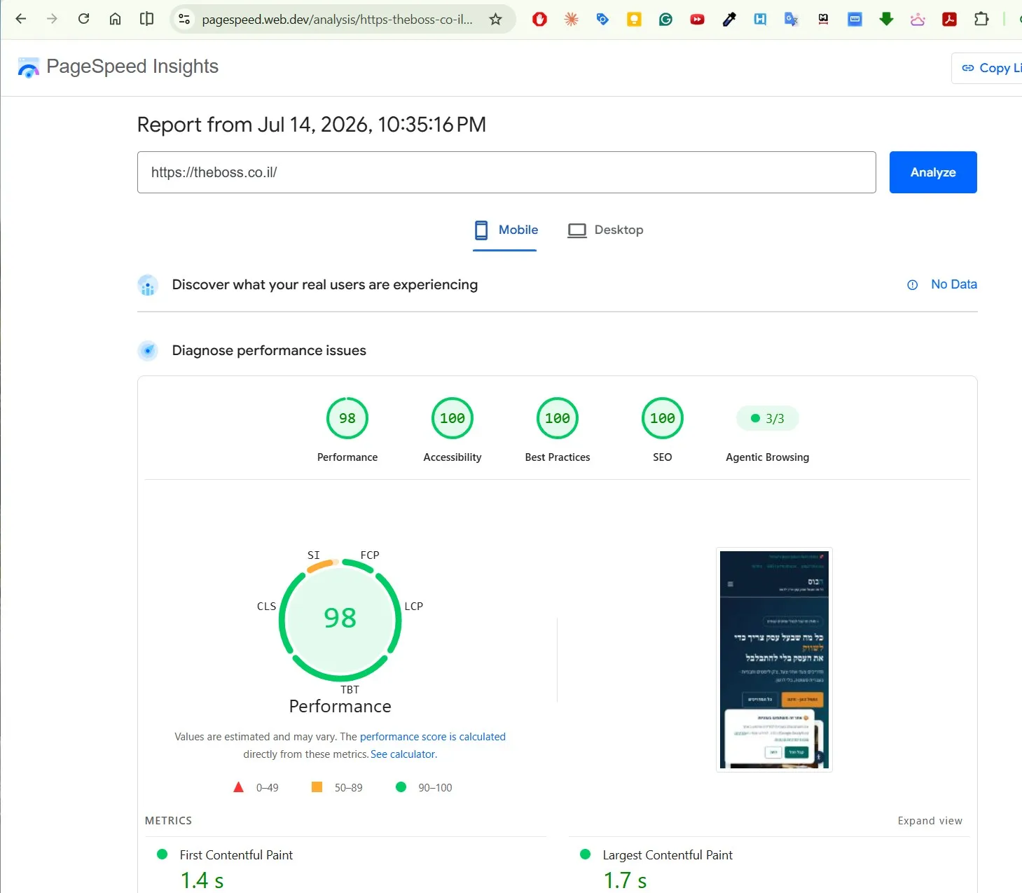 בדיקת PageSpeed במובייל על אסטרו - ביצועים 98, נגישות 100